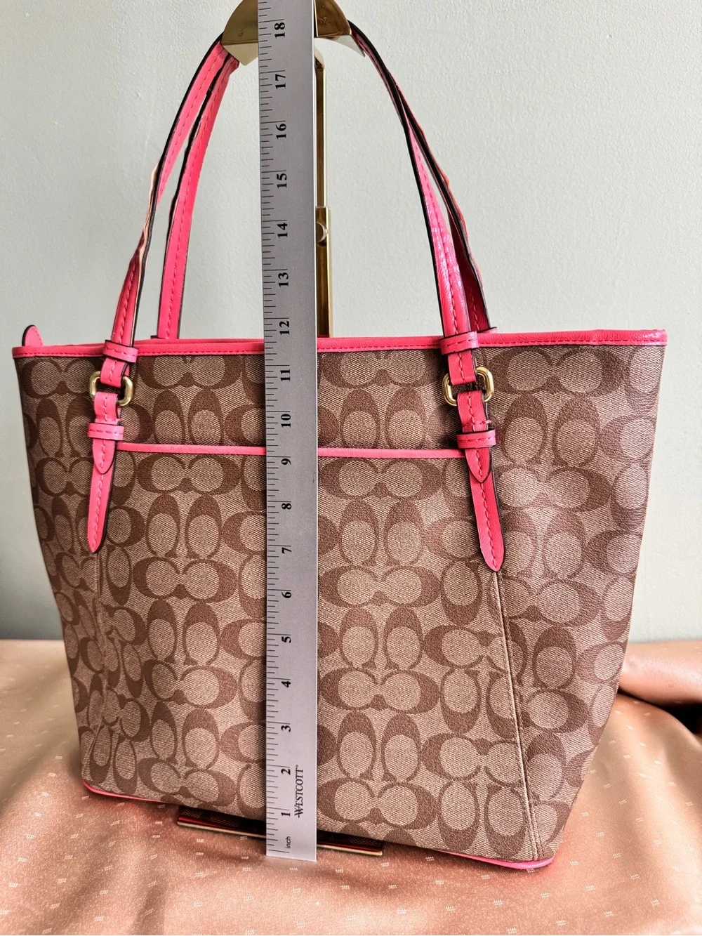 COACH Peyton Signature Canvas Tote Pink Leather Trim. Handles has crinkles!